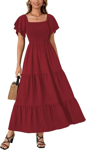 Woman in a wine red square-neck smocked midi dress with ruffle flutter sleeves, product photo