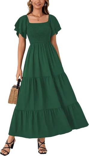 Woman in a dark green square-neck smocked midi dress with ruffle flutter sleeves, product photo