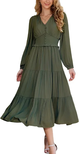 Woman in a deep olive long-sleeve smocked-waist flowy maxi dress, product photo