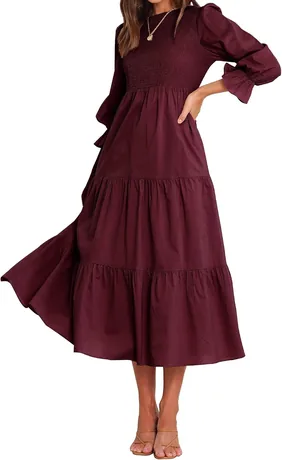 Burgundy long-sleeve crew-neck relaxed-fit dress, product photo