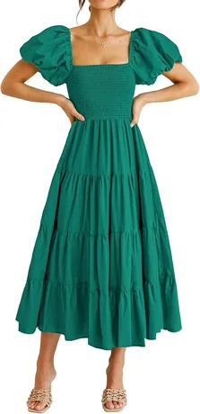 Emerald green square-neck smocked tiered midi dress with puff sleeves, product photo