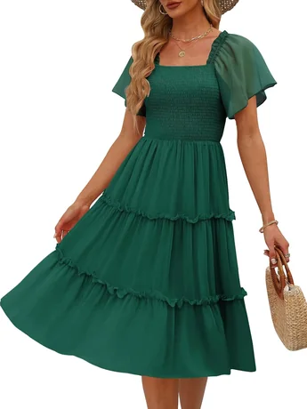 Emerald green square-neck smocked midi dress with tiered flutter sleeves, product photo
