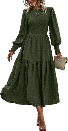 Dark olive puff long-sleeve smocked empire maxi dress, product photo