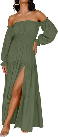 Olive green off-shoulder long-sleeve smocked maxi dress, product photo