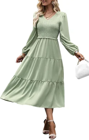 Soft sage long-sleeve high-waist tiered maxi dress, product photo