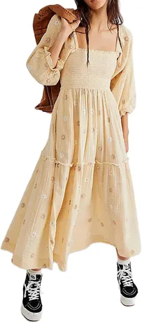 Cream flower-embroidered square-neck maxi dress with lantern sleeves, product photo