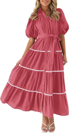 Dusty pink tiered maxi shirt dress with a tie waist, product photo