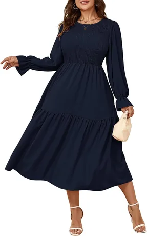 Navy long-sleeve smocked tiered dress, product photo