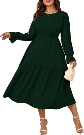 Emerald green long-sleeve smocked tiered maxi dress in a plus size fit, product photo