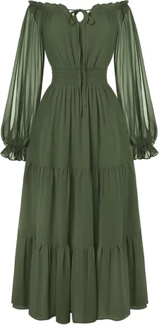 Deep olive off-shoulder long-sleeve smocked tiered maxi dress, product photo