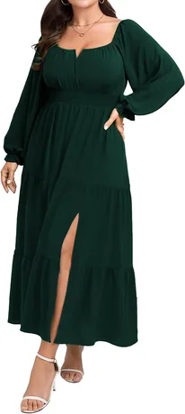 Deep emerald long-sleeve square-neck maxi dress in a plus size fit, product photo