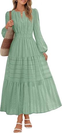 Sage green long-sleeve V-neck tiered cotton midi dress, product photo