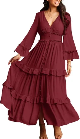 Wine red V-neck long-sleeve ruffled boho maxi dress, product photo