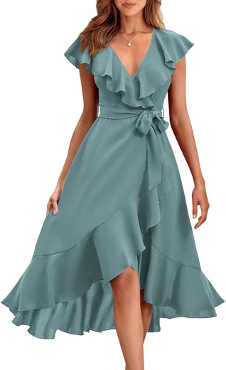 Woman in a dusty blue ruffle wrap midi dress with flutter sleeves, product photo