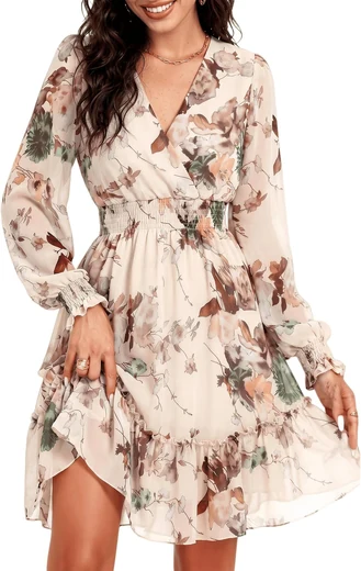 Woman in a cream and beige floral chiffon wrap dress with billowing sleeves, product photo