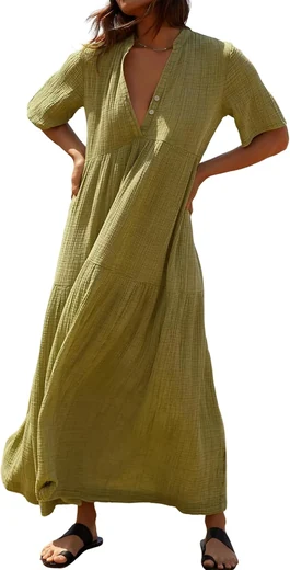 Woman in an olive green V-neck half-sleeve flowy tiered cotton maxi dress, product photo