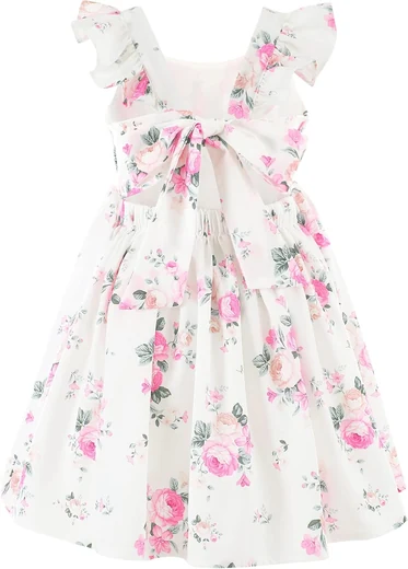 Girl in a white floral ruffle-sleeve tie-back sundress, product photo
