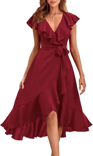 Woman in a wine red V-neck ruffle wrap maxi dress with a side slit, product photo