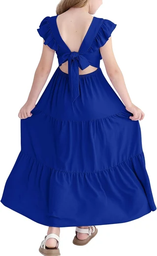 Girl in a royal blue ruffle-sleeve tie-back flowy maxi dress, product photo