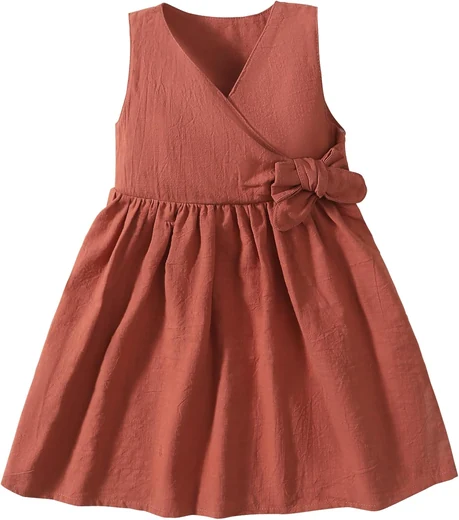 Toddler in a red sleeveless V-neck cotton summer dress, product photo