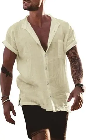 Beige Linen Band-Collar Shirt, product photo